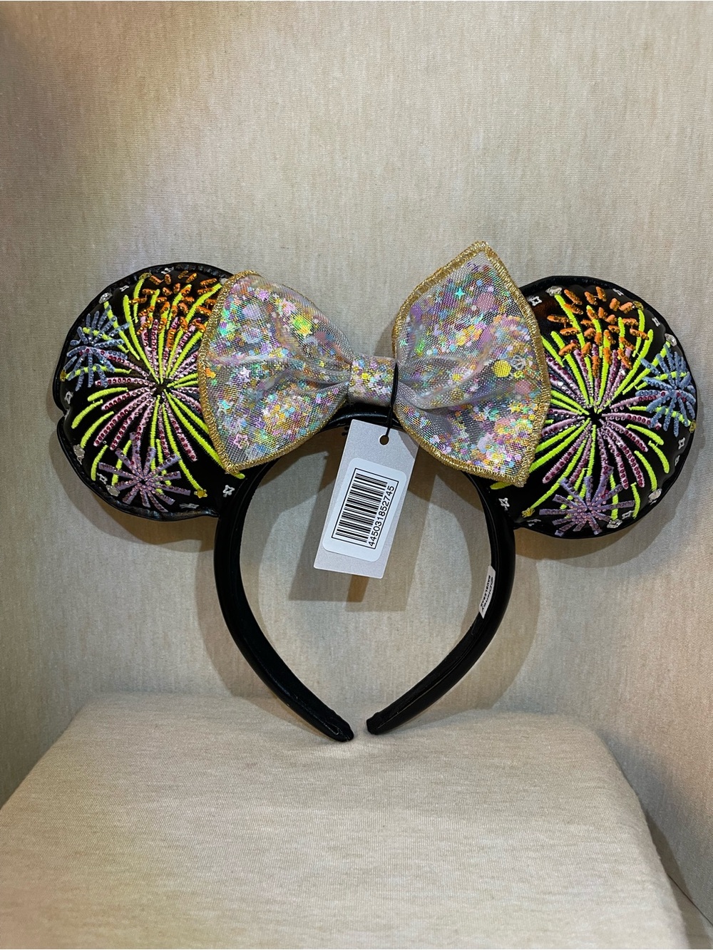 Disney-Bauble Bar Ear Headband with Iridescent Bow and Firework Embroidery